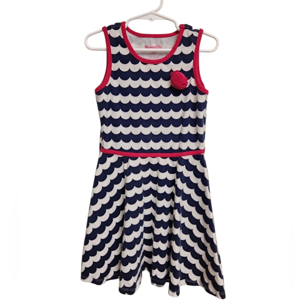 Nannette Navy & White Striped Wave‎ Girls Sleeveless Dress with Pink Trim & Rose
